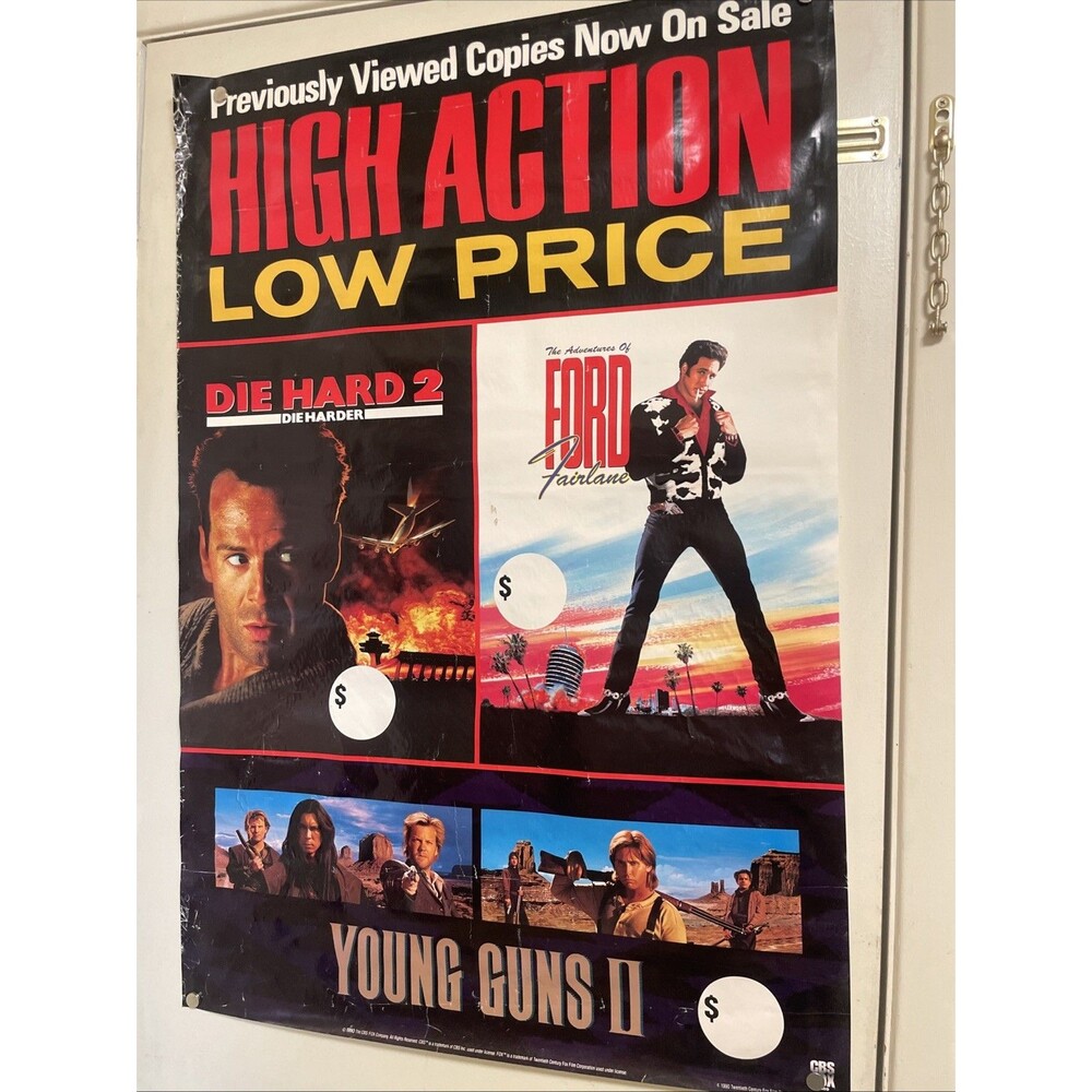 Vintage 1990 CBS/FOX Video Poster Die Hard 2 Ford Fairlane Young Guns 2 VHS